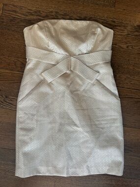 Tibi Strapless Shimmer Ivory Cocktail Dress with Waist Bow